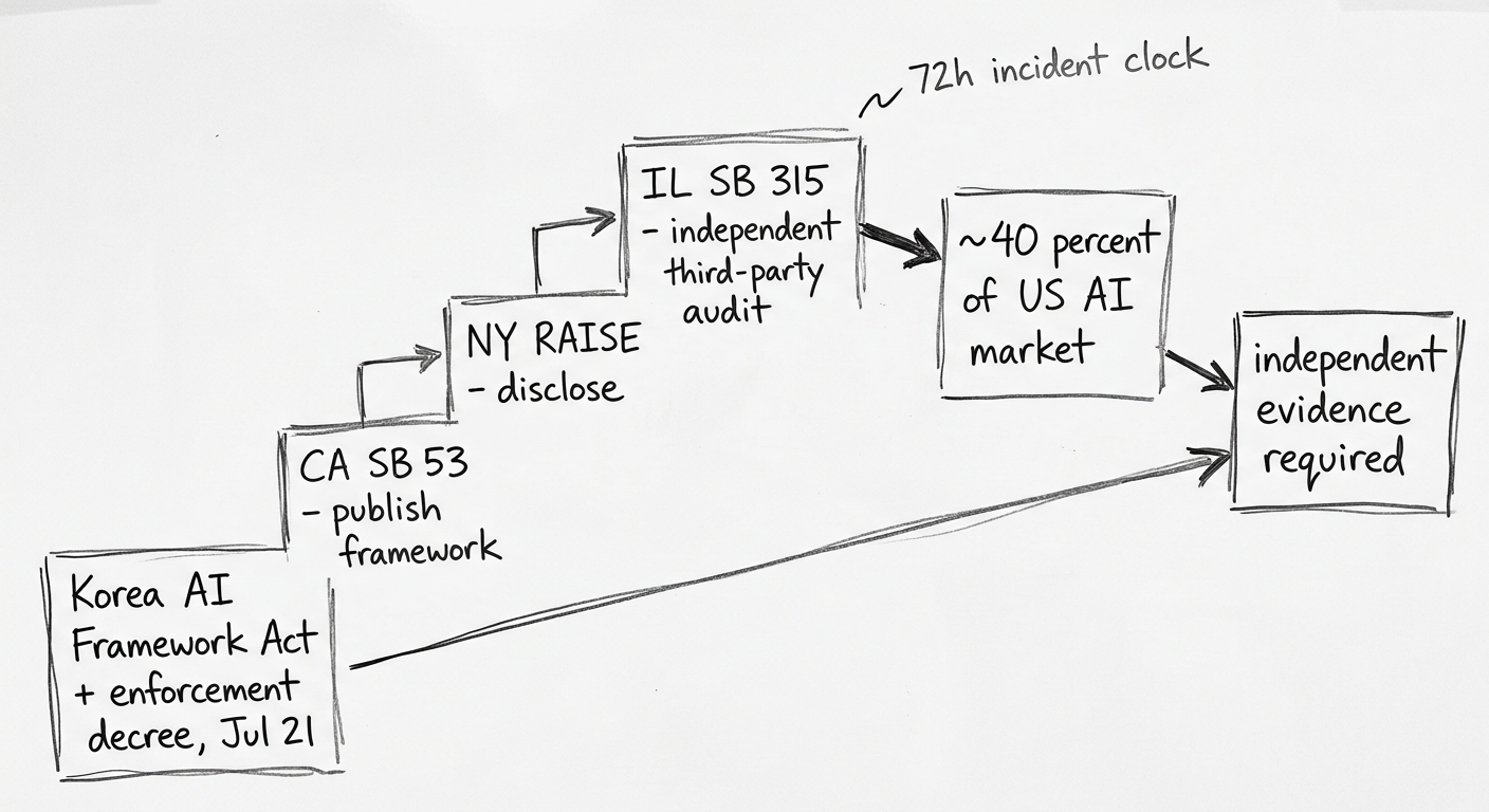 Regulatory map diagram: three US state boxes 