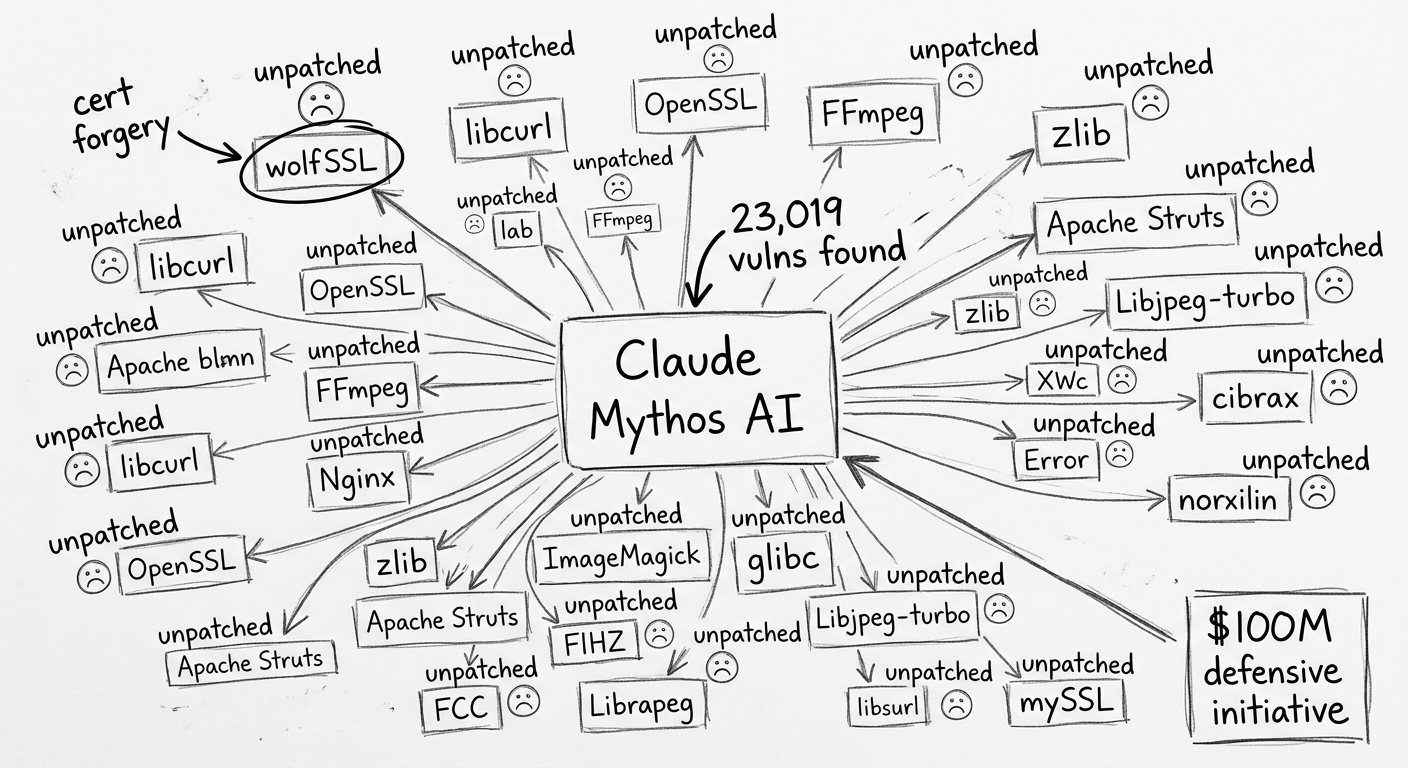 Claude Mythos AI at center with arrows radiating to dozens of open-source project boxes (wolfSSL highlighted with