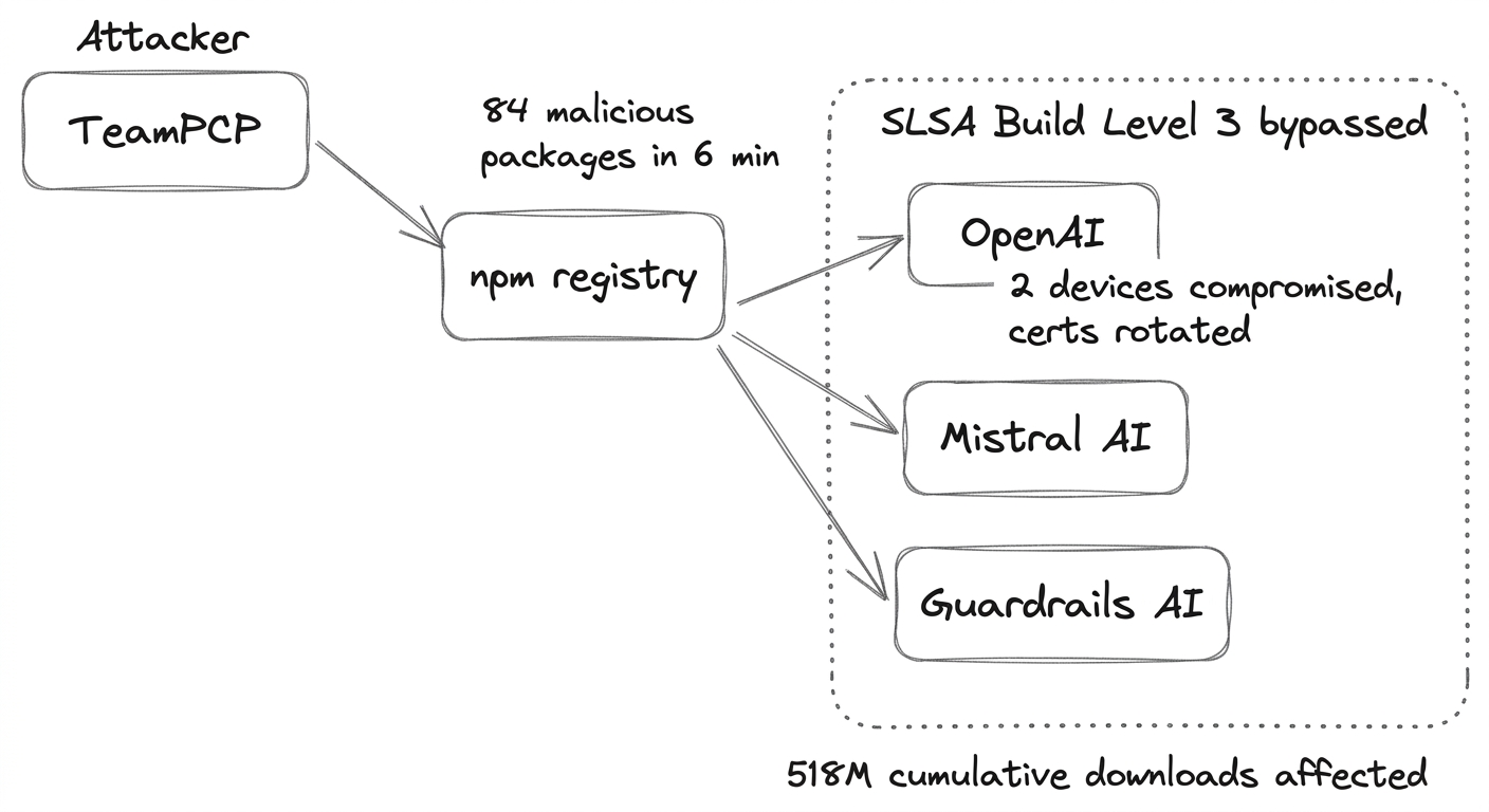 npm supply chain worm attack: TeamPCP → npm registry (84 malicious packages in 6 min) → OpenAI, Mistral AI, Guardrails AI, all inside a
