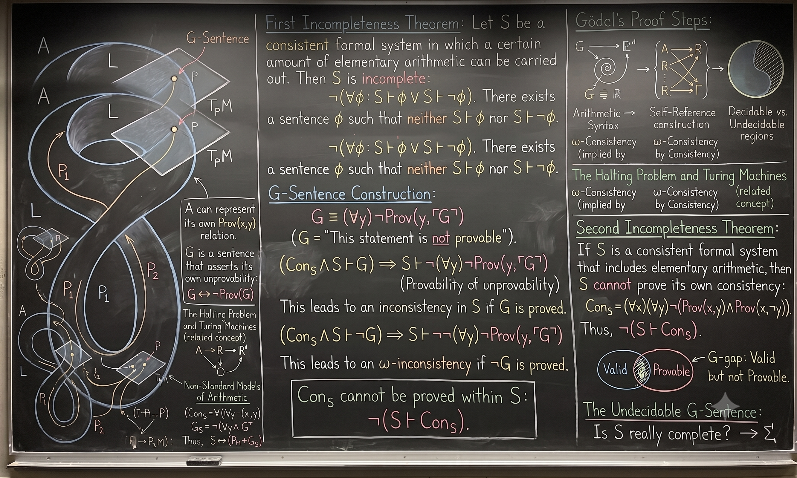 Gödel's incompleteness theorems — a consistent formal system rich enough to express arithmetic cannot prove every true statement within itself