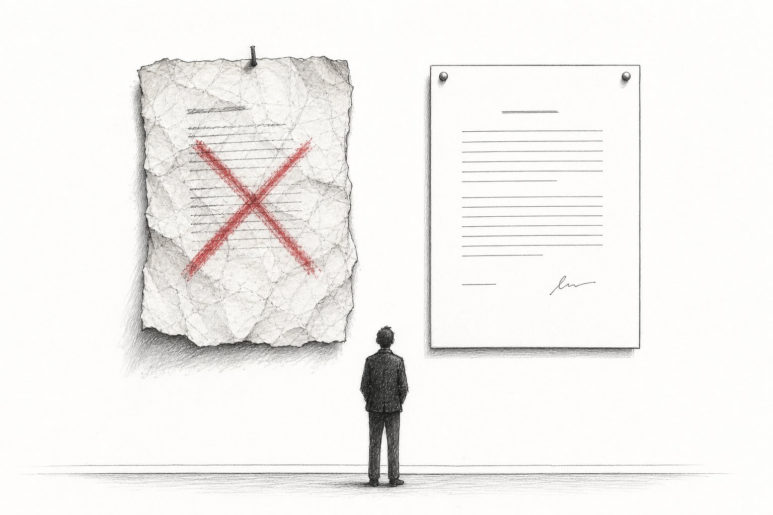 Two document pages side by side: one messy and rejected, one tidy and approved