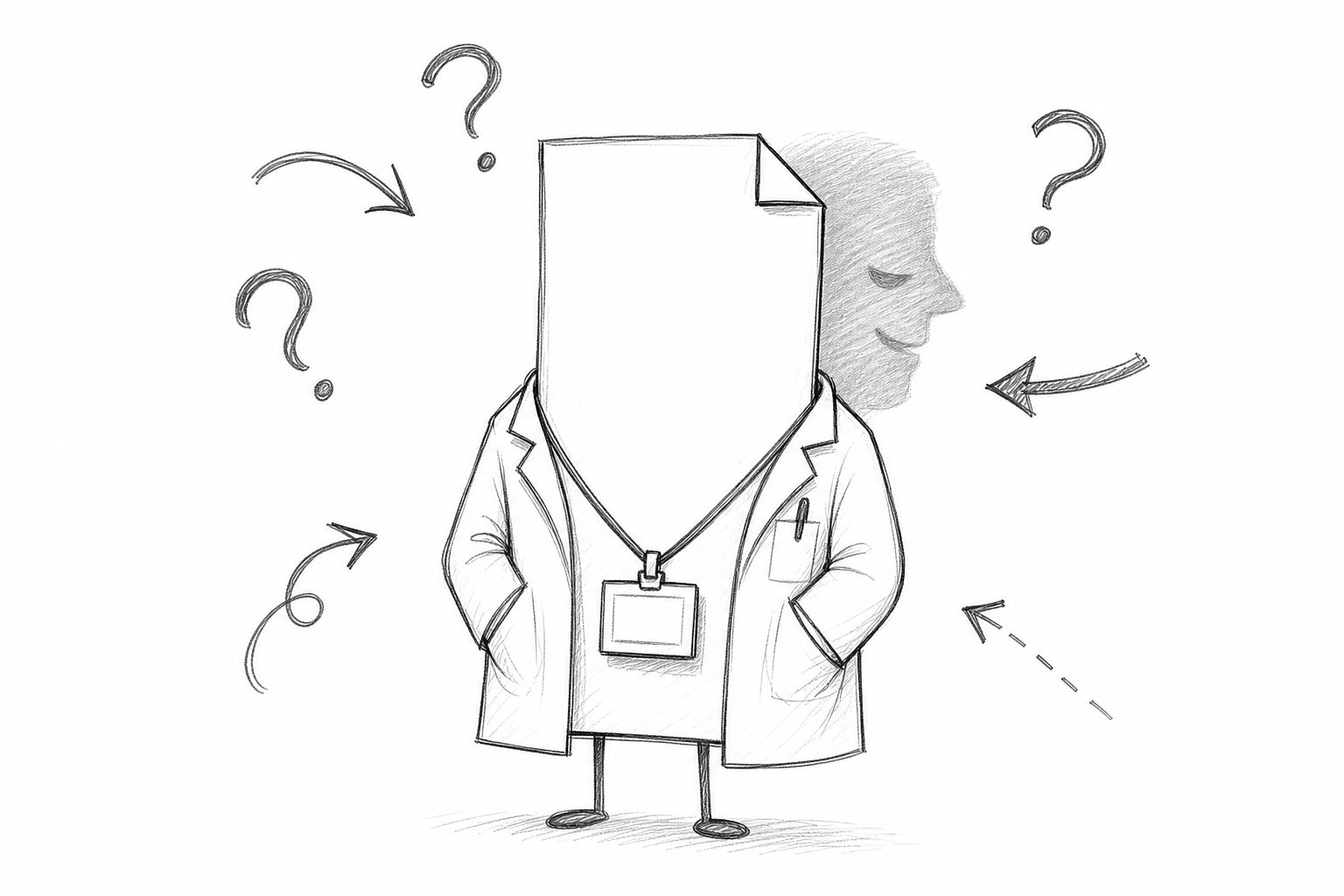 A document wearing a professional ID badge with a hidden shadow behind it and question marks around it