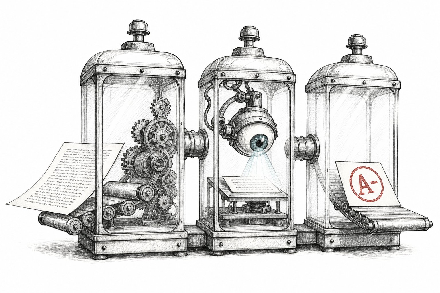 A simple pipeline: request -> model -> judge, with measurement marks