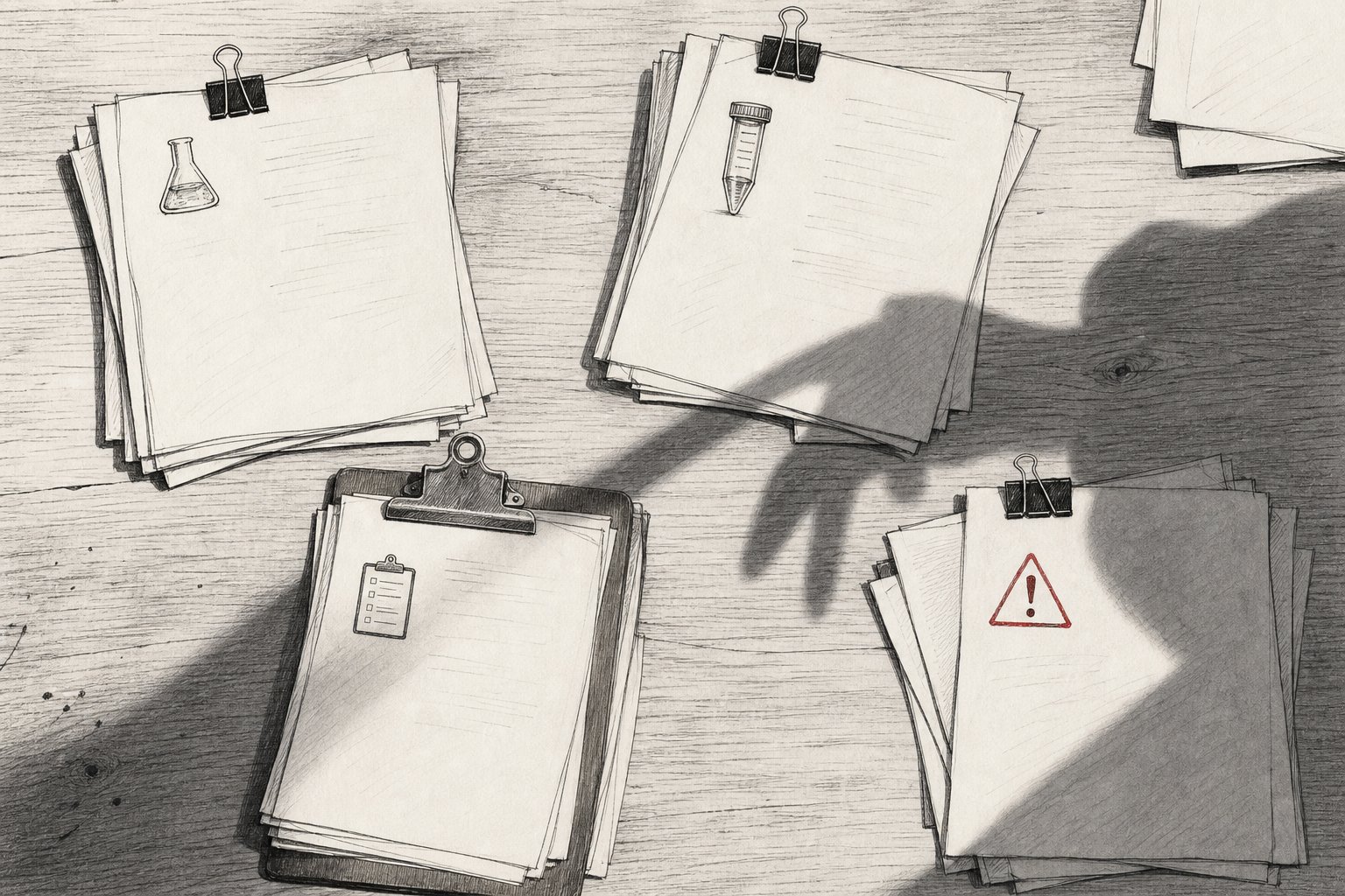 Four overlapping documents with science icons and subtle warning triangles in the corners